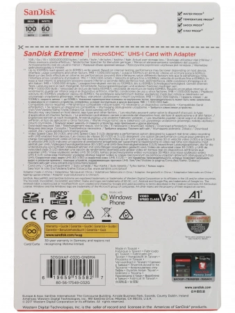 Карта памяти SanDisk Extreme PRO 32GB, microSD+адаптер SD Class 10 UHS-I, U3 Extreme Pro SDSQXCG-032G-GN6MA